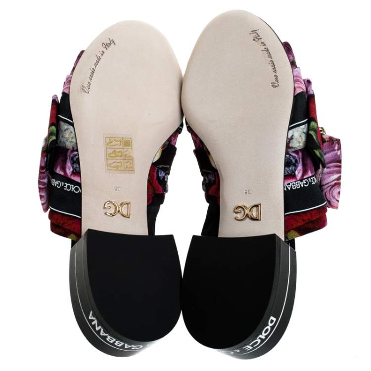 Pre Owned Dolce & Gabbana Multicolor Floral Printed Fabric Crystal Embellished Bow Open Toe Flat Mules Size 36