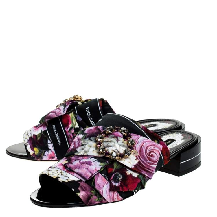 Pre Owned Dolce & Gabbana Multicolor Floral Printed Fabric Crystal Embellished Bow Open Toe Flat Mules Size 36