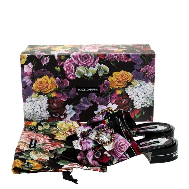 Pre Owned Dolce & Gabbana Multicolor Floral Printed Fabric Crystal Embellished Bow Open Toe Flat Mules Size 36