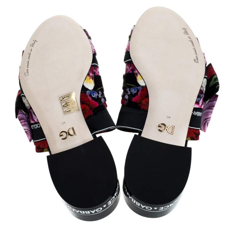 Pre Owned Dolce & Gabbana Multicolor Floral Printed Fabric Crystal Embellished Bow Open Toe Flat Mules Size 40