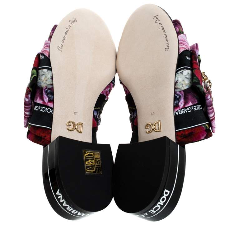Pre Owned Dolce & Gabbana Multicolor Floral Printed Fabric Crystal Embellished Bow Open Toe Flat Mules Size 35