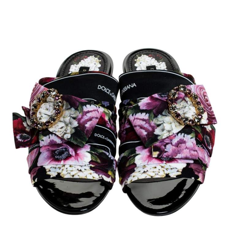 Pre Owned Dolce & Gabbana Multicolor Floral Printed Fabric Crystal Embellished Bow Open Toe Flat Mules Size 37