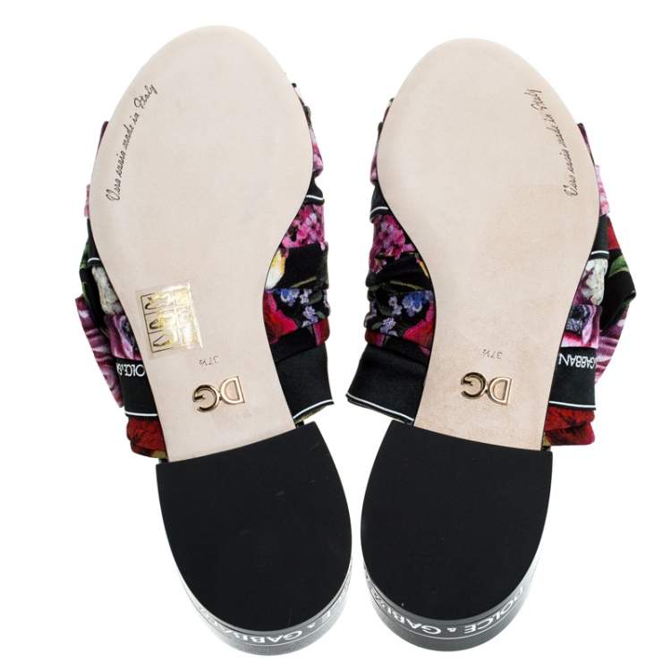 Pre Owned Dolce & Gabbana Multicolor Floral Printed Fabric Crystal Embellished Bow Open Toe Mules Size 37.5