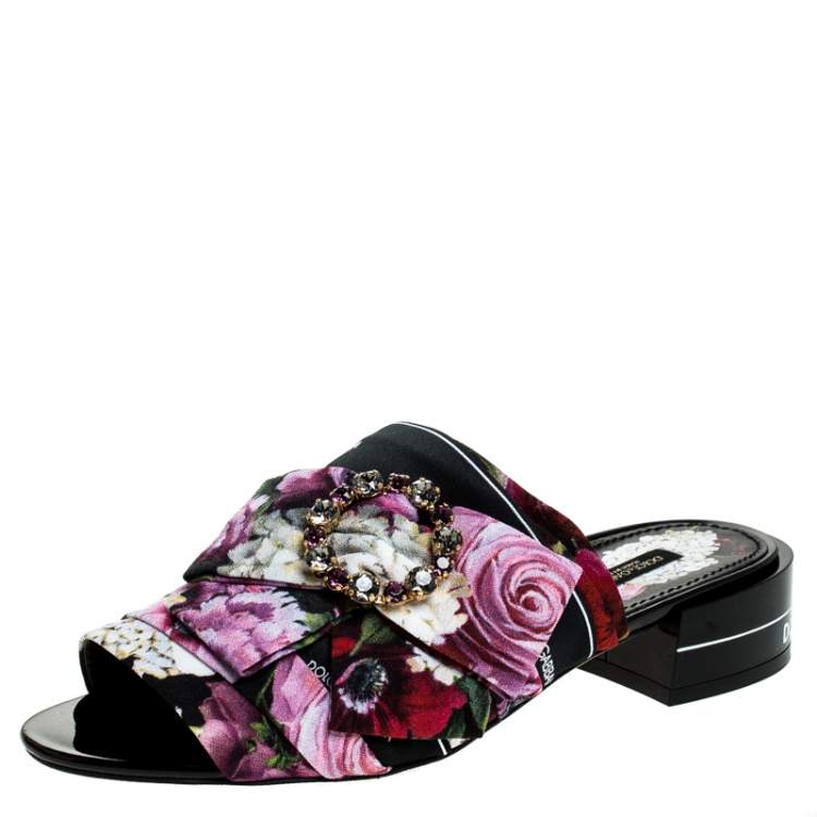 Pre Owned Dolce & Gabbana Multicolor Floral Printed Fabric Crystal Embellished Bow Open Toe Mules Size 37.5