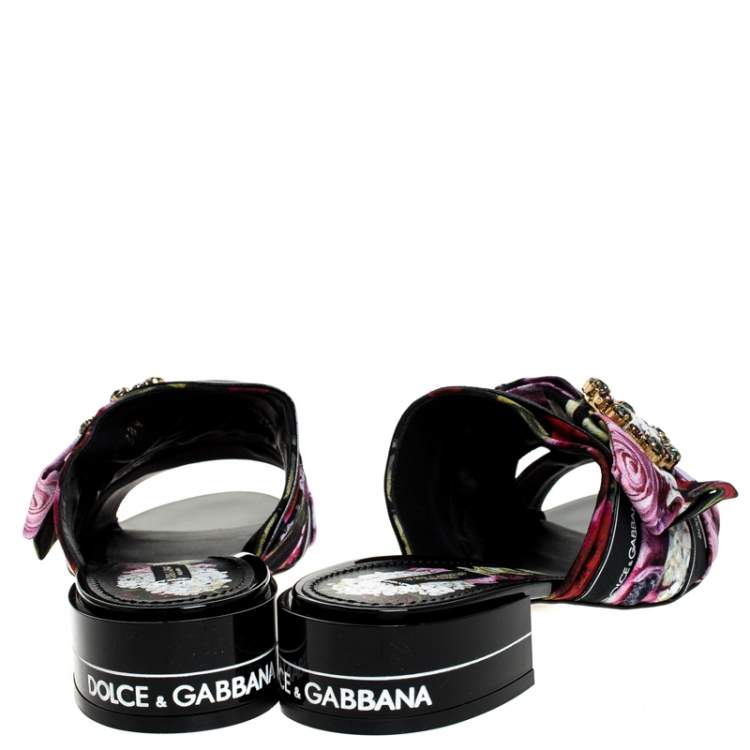 Pre Owned Dolce & Gabbana Multicolor Floral Printed Fabric Crystal Embellished Bow Open Toe Mules Size 39