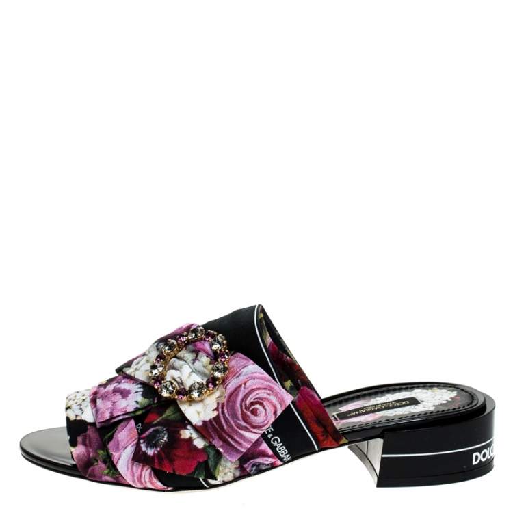 Pre Owned Dolce & Gabbana Multicolor Floral Printed Fabric Crystal Embellished Bow Open Toe Mules Size 39