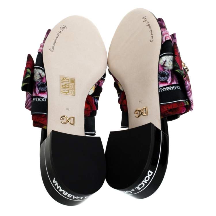 Pre Owned Dolce & Gabbana Multicolor Floral Printed Fabric Crystal Embellished Bow Open Toe Mules Size 39