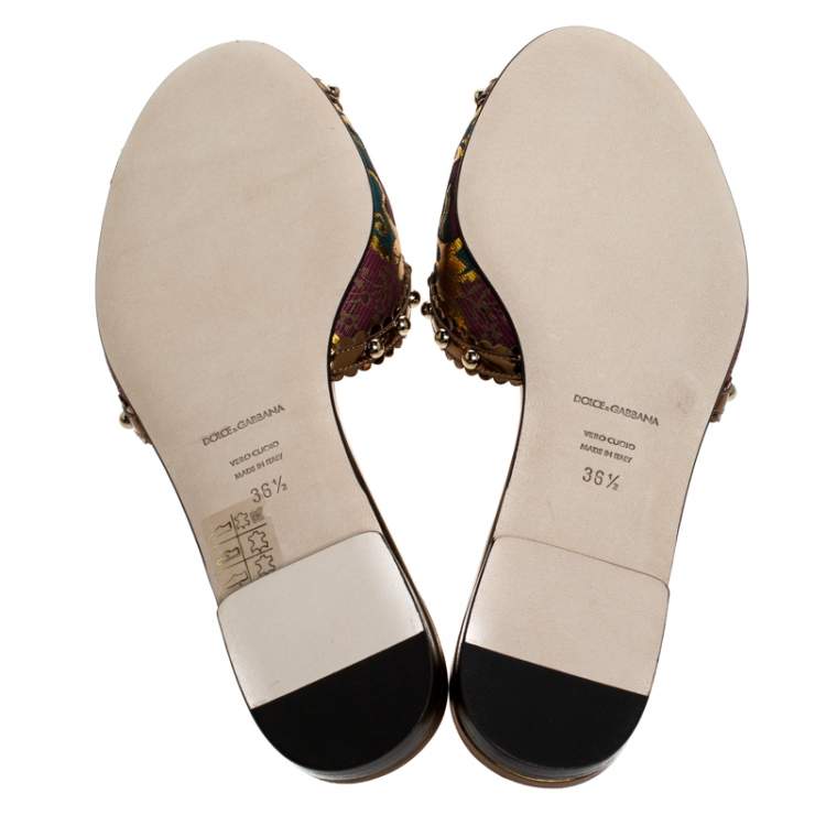 Pre Owned Dolce & Gabbana Multicolor Floral Brocade Fabric And Patent Leather Trim Faux Pearl Embellished Flat Slides Size 36.5