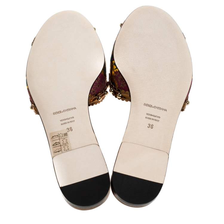 Pre Owned Dolce & Gabbana Multicolor Floral Brocade Fabric And Patent Leather Trim Faux Pearl Embellished Flat Slides Size 36