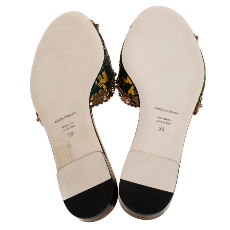 Pre Owned Dolce & Gabbana Multicolor Floral Brocade Fabric And Patent Leather Trim Faux Pearl Embellished Flat Slides Size 39