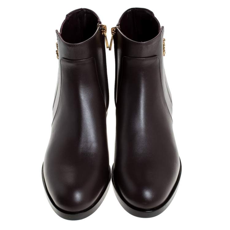 Pre Owned Dolce & Gabbana Brown Leather Logo Detail Ankle Boots Size 37.5
