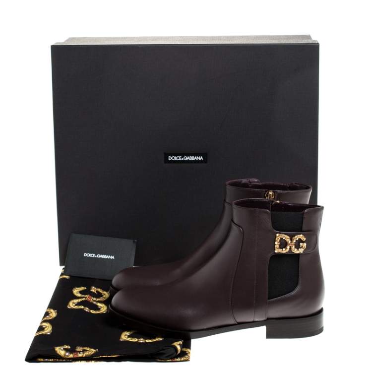 Pre Owned Dolce & Gabbana Brown Leather Logo Detail Ankle Boots Size 35.5