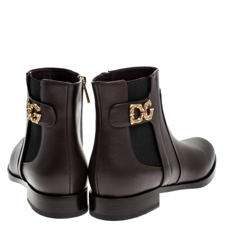 Pre Owned Dolce & Gabbana Brown Leather Logo Detail Ankle Boots Size 37