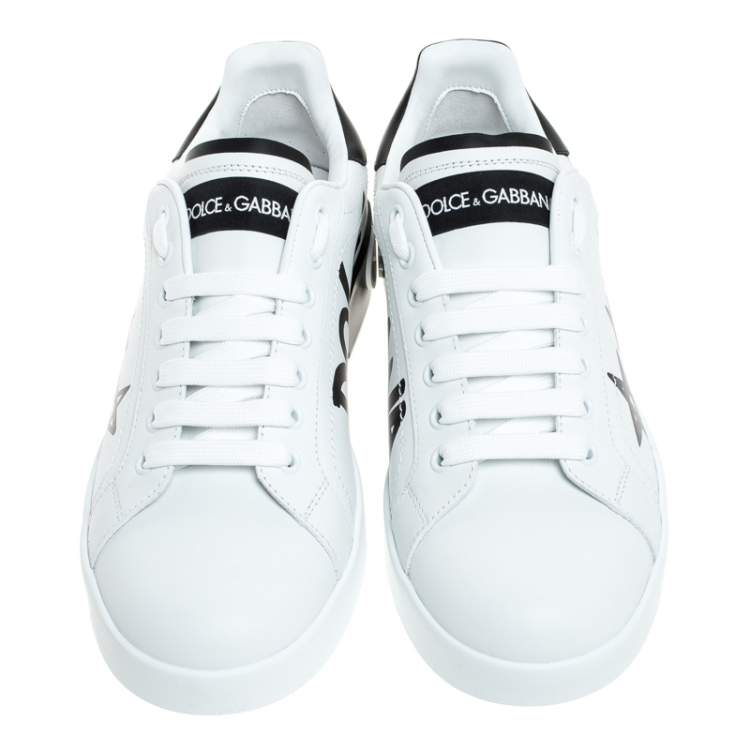 Pre Owned Dolce & Gabbana White/Black Leather Portofino Low Top Sneakers Size 35.5