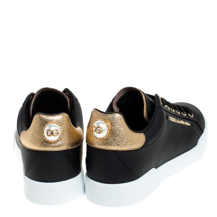 Pre Owned Dolce & Gabbana Black Leather Portofino Pearl Embellished Low Top Sneakers Size 35.5