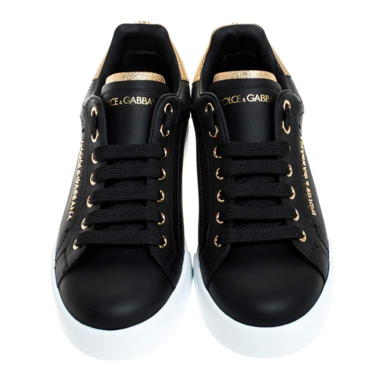 Pre Owned Dolce & Gabbana Black Leather Portofino Pearl Embellished Low Top Sneakers Size 35.5