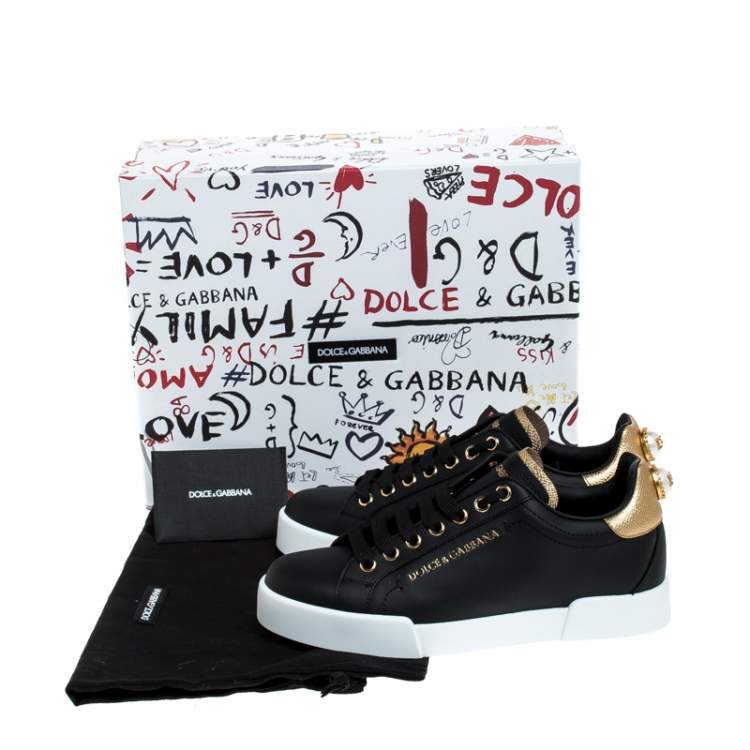 Pre Owned Dolce & Gabbana Black Leather Portofino Pearl Embellished Low Top Sneakers Size 35.5