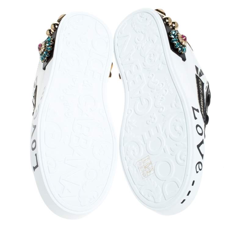 مملوكة مسبقًا Dolce & Gabbana White/Black Leather Portofin Embellished Low Top Sneakers Size 36