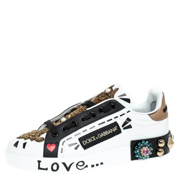 مملوكة مسبقًا Dolce & Gabbana White/Black Leather Portofin Embellished Low Top Sneakers Size 36
