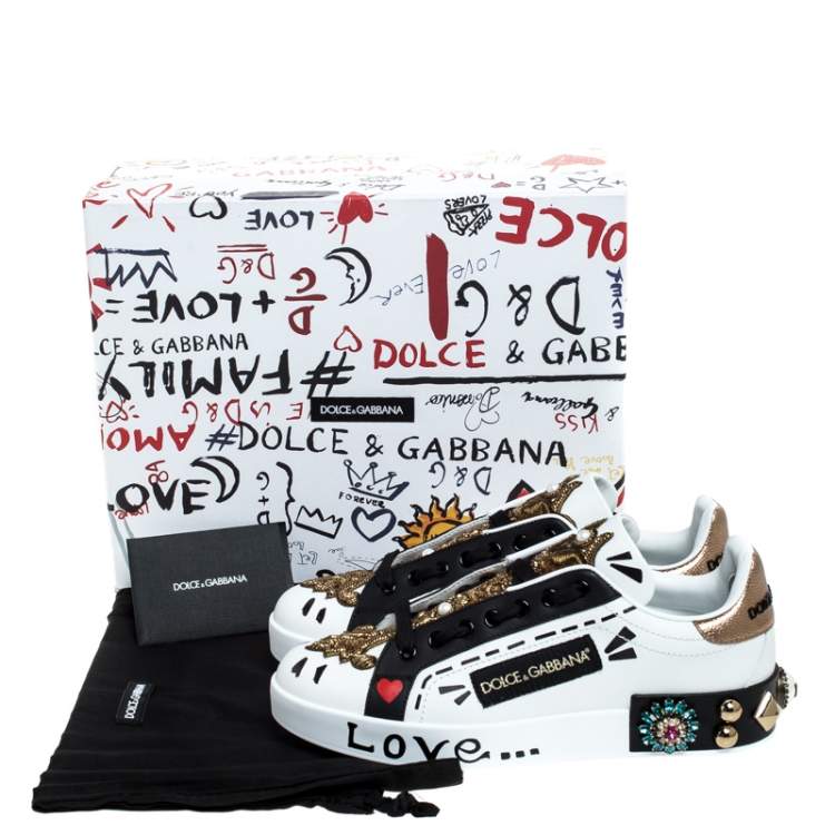 مملوكة مسبقًا Dolce & Gabbana White/Black Leather Portofin Embellished Low Top Sneakers Size 36