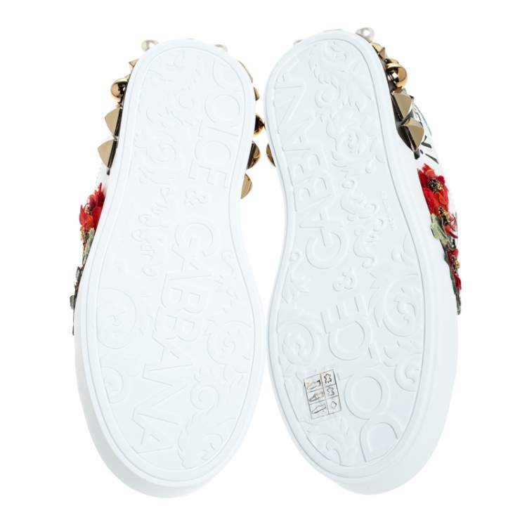 Pre Owned Dolce & Gabbana white Leather Portofino Flower Embellished Low Top Sneakers Size 36.5