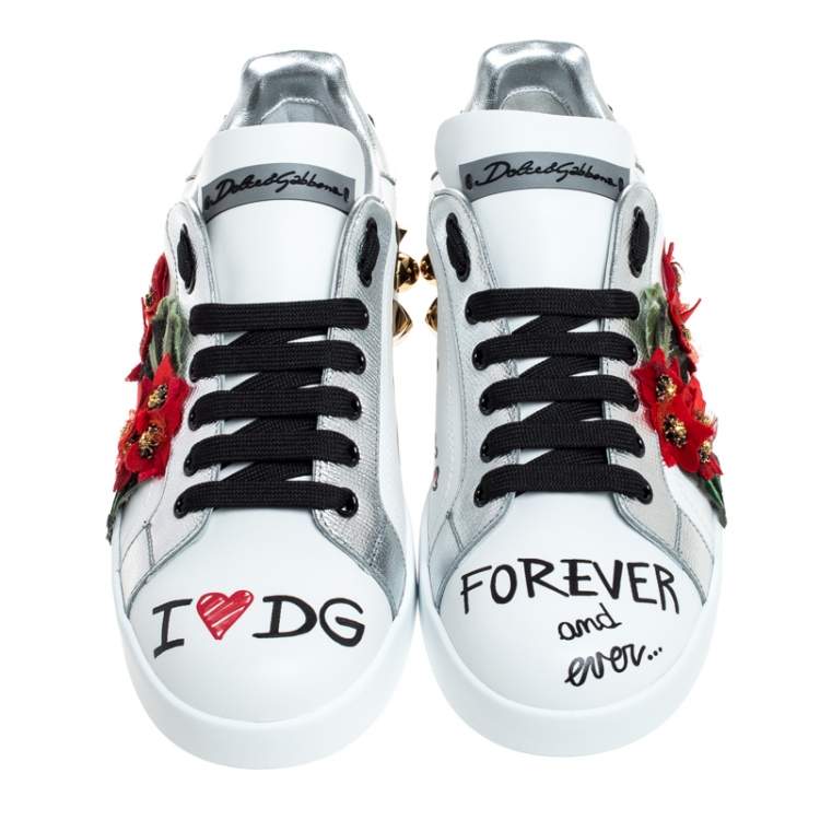 Pre Owned Dolce & Gabbana white Leather Portofino Flower Embellished Low Top Sneakers Size 36.5