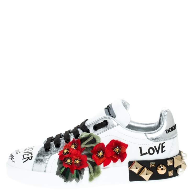 Pre Owned Dolce & Gabbana White Leather Portofino Flower Embellished Low Top Sneakers Size 37