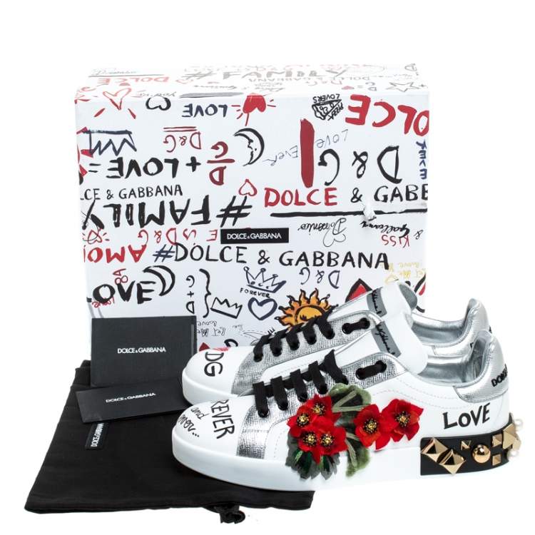 Pre Owned Dolce & Gabbana White Leather Portofino Flower Embellished Low Top Sneakers Size 37