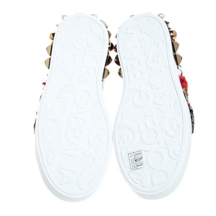 Pre Owned  Dolce and Gabbana White Leather Portofino Flower Embellished Low Top Sneakers Size 36