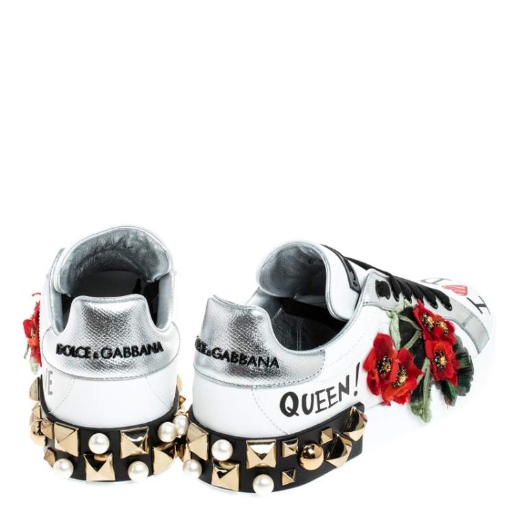 Pre Owned  Dolce and Gabbana White Leather Portofino Flower Embellished Low Top Sneakers Size 36