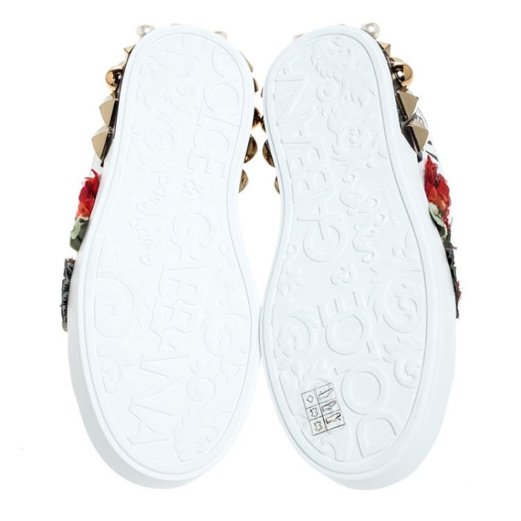 Pre Owned Dolce & Gabbana White Leather Portofino Flower Embellished Low Top Sneakers Size 35.5
