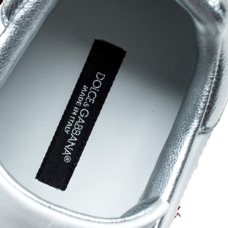 Pre Owned Dolce & Gabbana White Leather Portofino Flower Embellished Low Top Sneakers Size 35.5