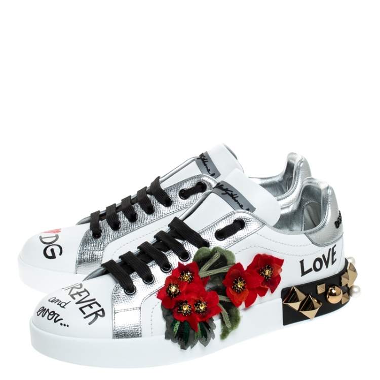 Pre Owned Dolce & Gabbana White Leather Portofino Flower Embellished Low Top Sneakers Size 35.5