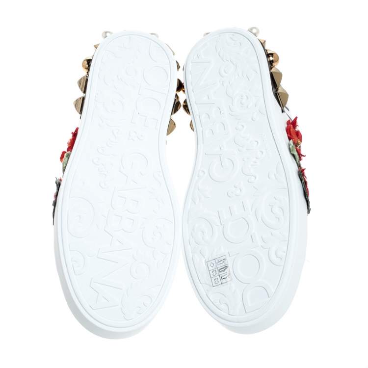 مملوكة مسبقًا Dolce & Gabbana White Leather Portofino Flower Embellished Low Top Sneakers Size 39