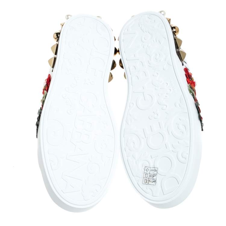 Pre Owned Dolce & Gabbana White Leather Portofino Flower Embellished Low Top Sneakers Size 40