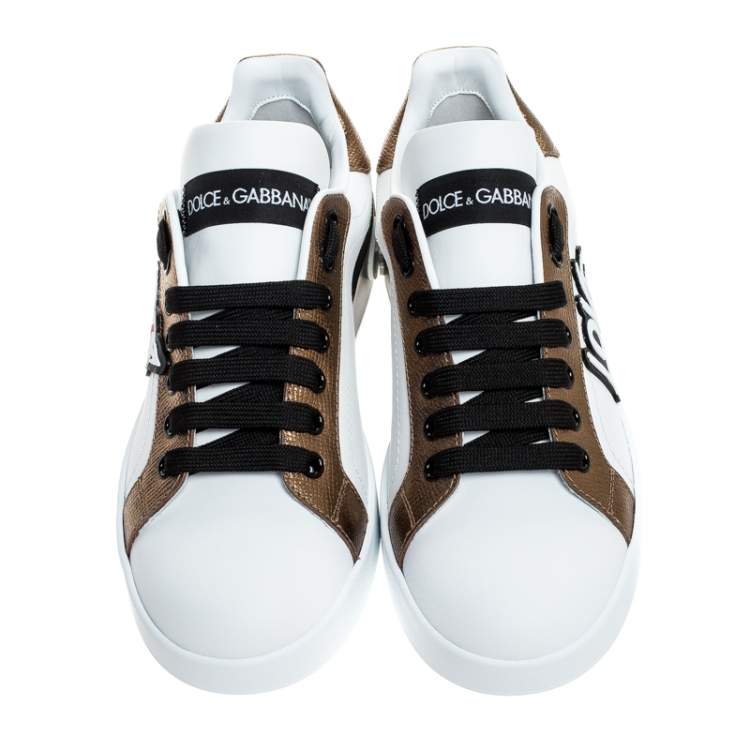 Pre Owned Dolce and Gabbana White/Gold Leather Portofino Low Top Sneakers Size 40