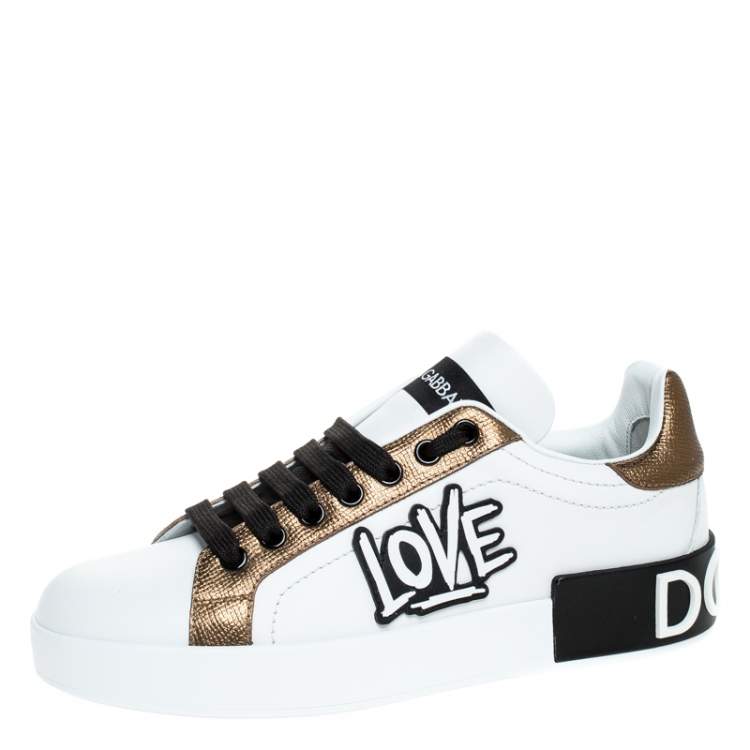 Pre Owned Dolce and Gabbana White/Gold Leather Portofino Low Top Sneakers Size 40