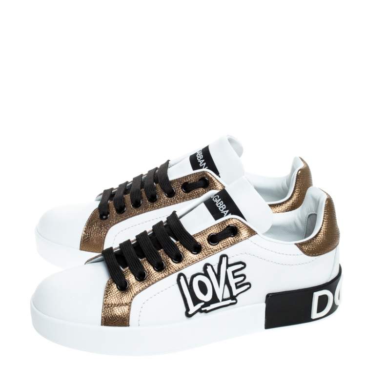 Pre Owned Dolce & Gabbana White/Gold Leather Portofino Low Top Sneakers Size 36