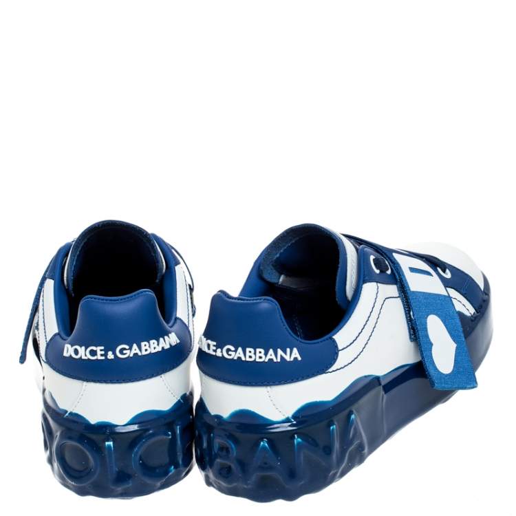 Pre Owned Dolce & Gabbana Blue/White Elastic Logo Leather Melt Portofino Sneakers Size 35