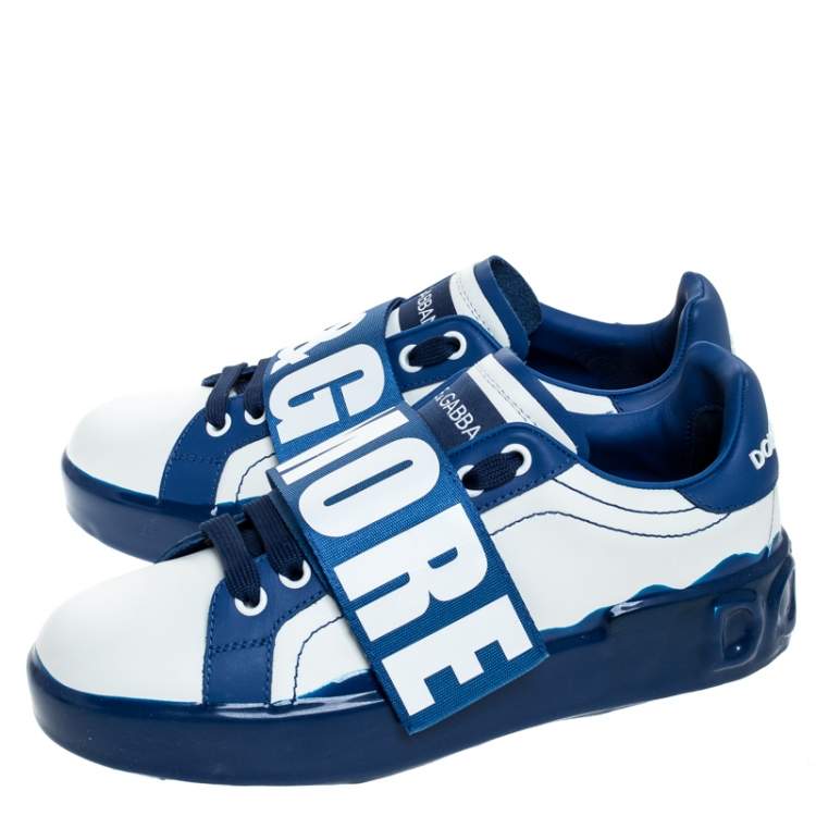 Pre Owned Dolce & Gabbana Blue/White Elastic Logo Leather Melt Portofino Sneakers Size 35