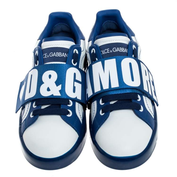 Pre Owned Dolce & Gabbana Blue/White Elastic Logo Leather Melt Portofino Sneakers Size 36