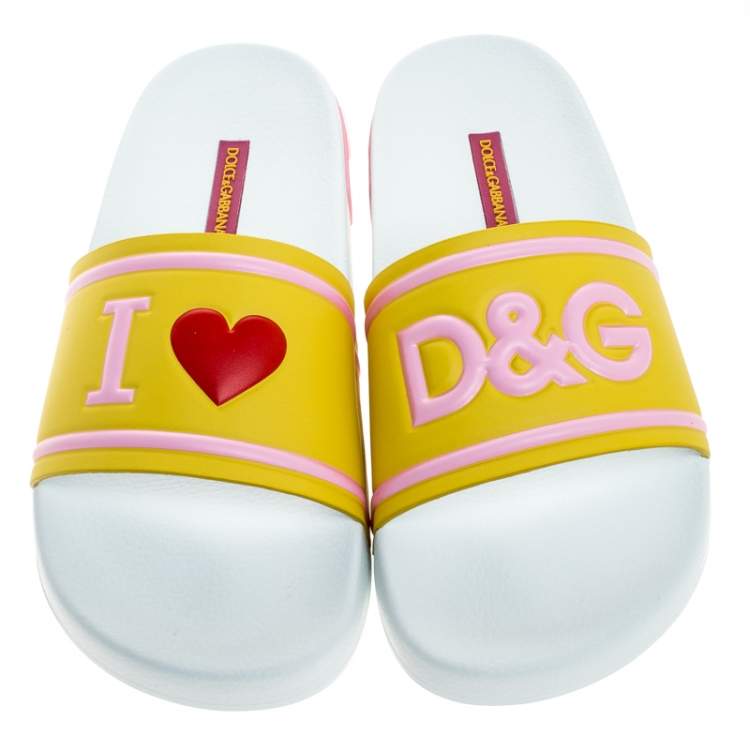 Pre Owned Dolce & Gabbana Yellow/Pink Rubber I Love Flat Slides Size 37