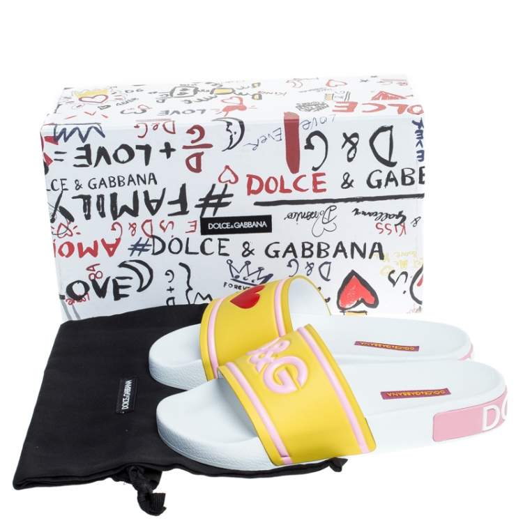 Pre Owned Dolce & Gabbana Yellow/Pink Rubber I Love Flat Slides Size 37