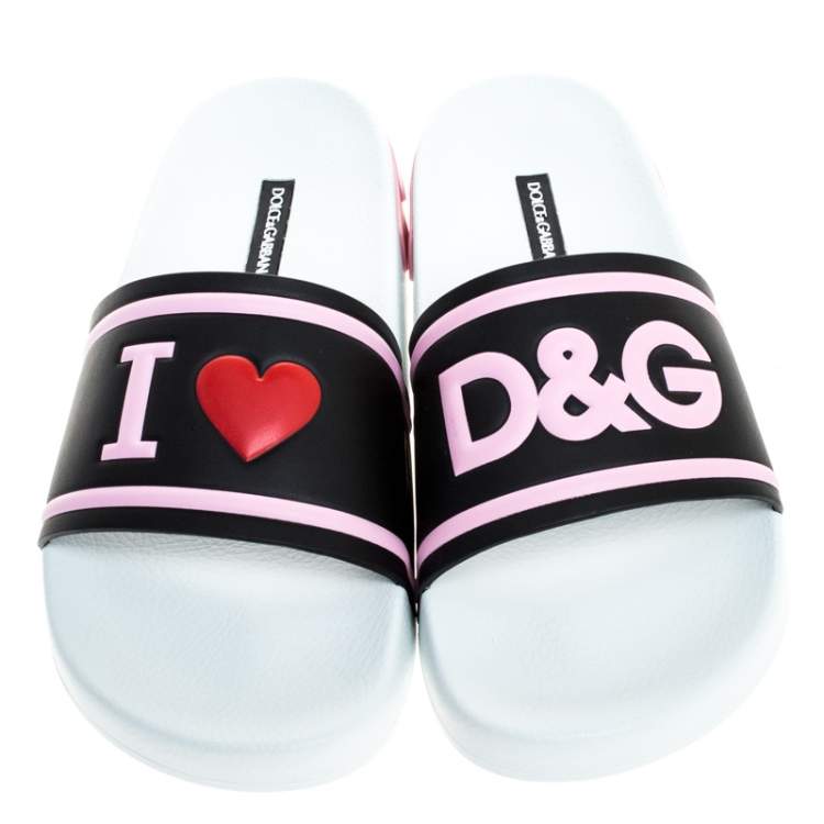 Pre Owned Dolce & Gabbana Black/Pink Rubber I Love Flat Slides Size 37