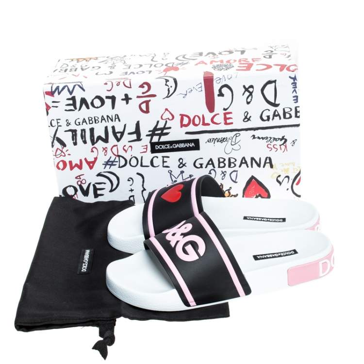 Pre Owned Dolce & Gabbana Black/Pink Rubber I Love Flat Slides Size 37