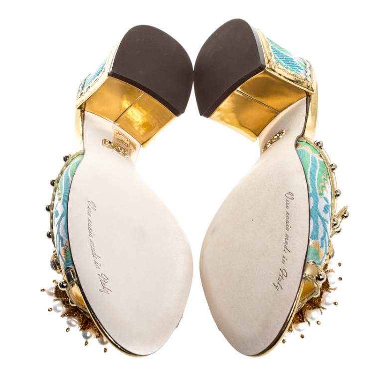 Pre Owned  Dolce and Gabbana Multicolor Brocade Fabric And Patent Leather Trim Crystal Embellished Open Toe Sandals Size 35.5 