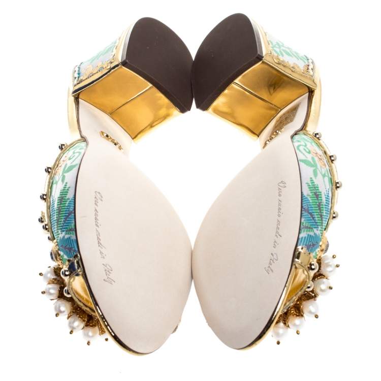 Pre Owned Dolce & Gabbana Multicolor Brocade Fabric And Patent Leather Trim Crystal Embellished Open Toe Sandals Size 38