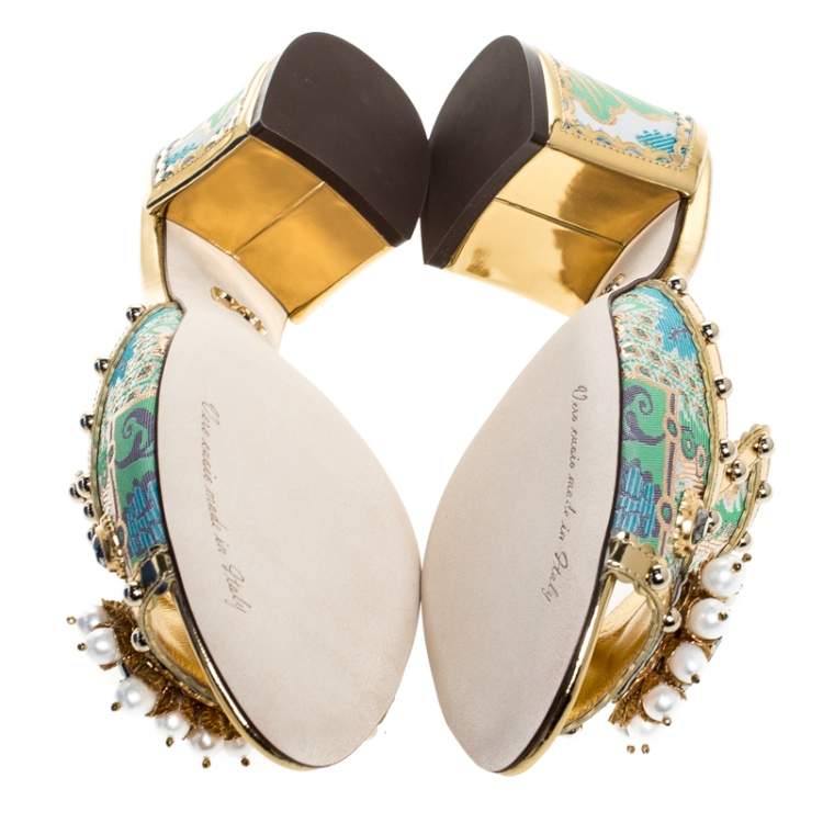 Pre Owned Dolce & Gabbana Multicolor Brocade Fabric And Patent Leather Trim Crystal Embellished Open Toe Sandals Size 36