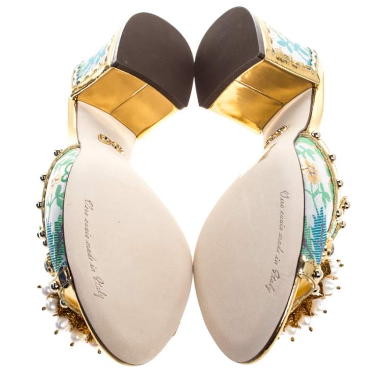 Pre Owned Dolce & Gabbana Multicolor Brocade Fabric And Patent Leather Trim Crystal Embellished Open Toe Sandals Size 36.5