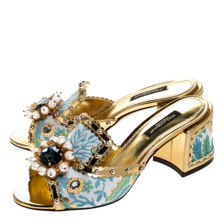 Pre Owned Dolce & Gabbana Multicolor Brocade Fabric And Patent Leather Trim Crystal Embellished Open Toe Sandals Size 37.5